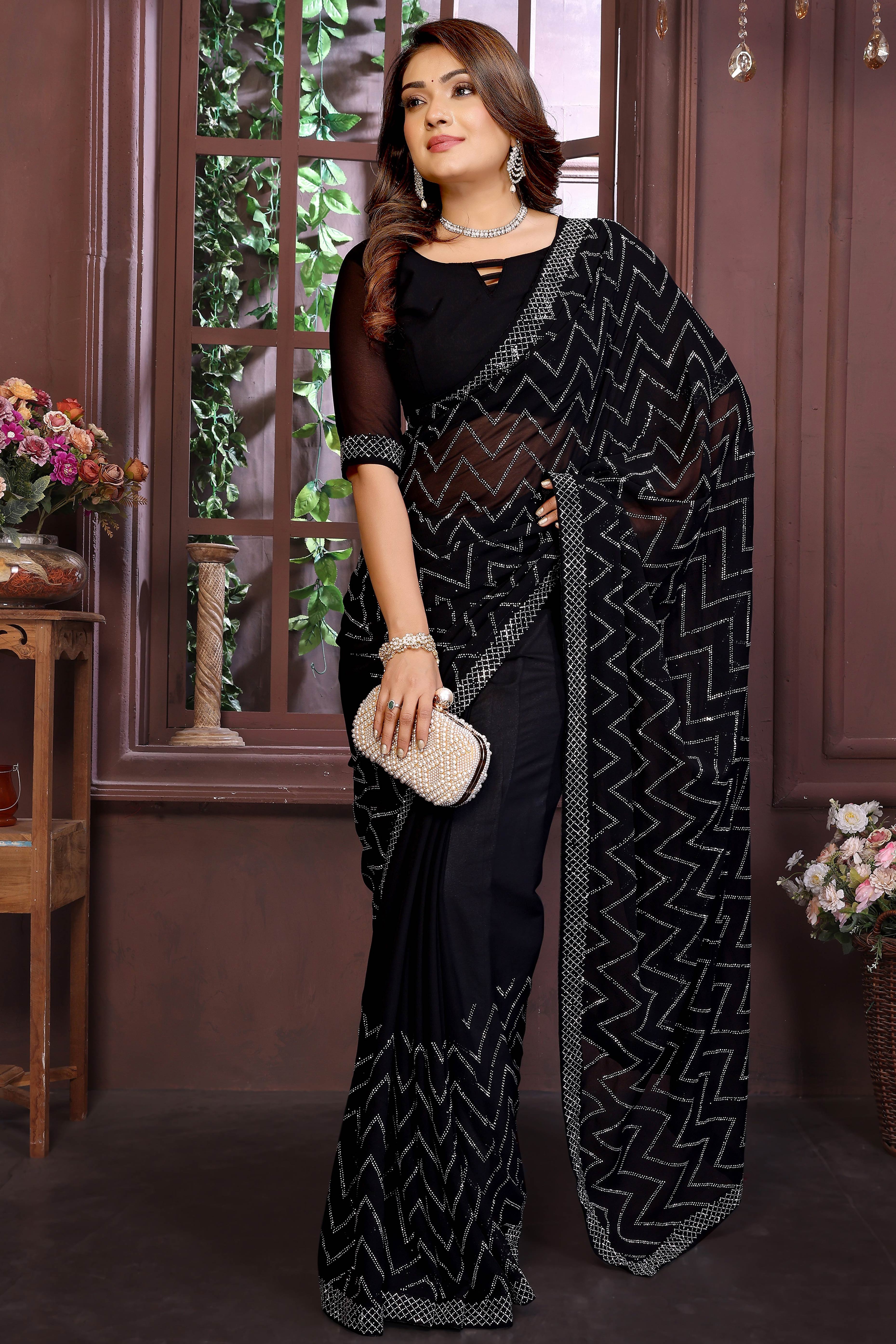 Glamorous Black Zig Zag Design Swarovski Crystal Work Georgette Saree