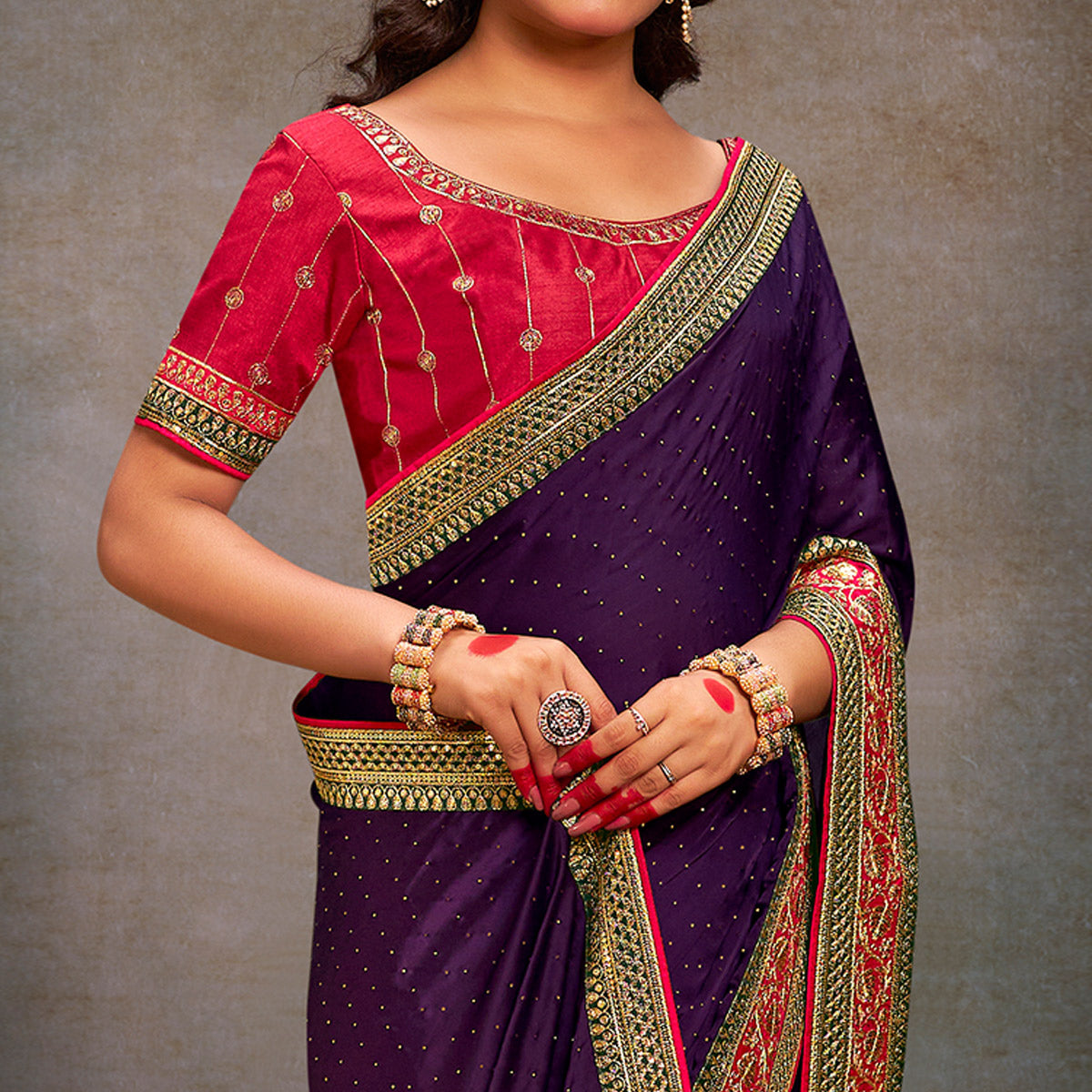 Purple Swarovski Work Satin Saree With Tassels