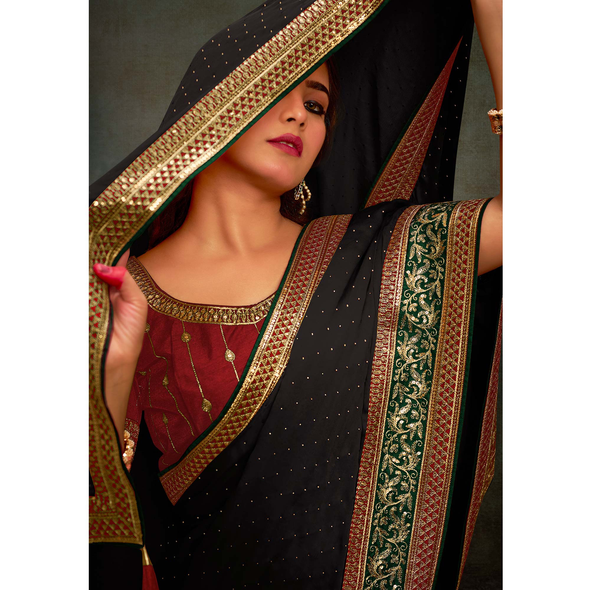 Black Swarovski Work Satin Saree With Tassels