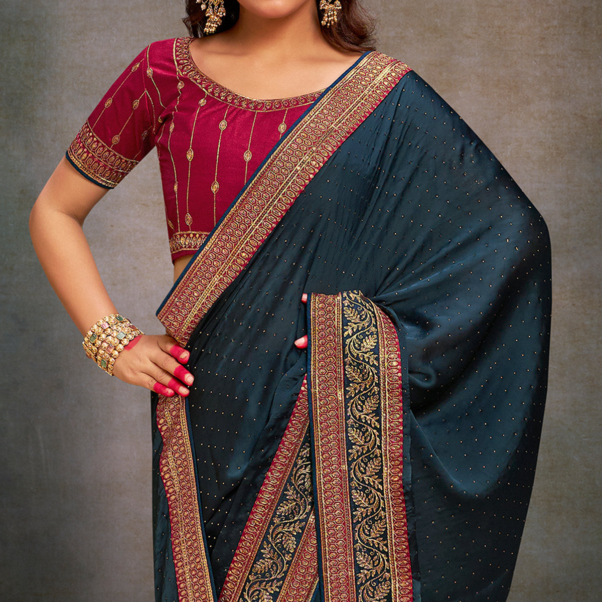Teal Swarovski Work Satin Saree With Tassels