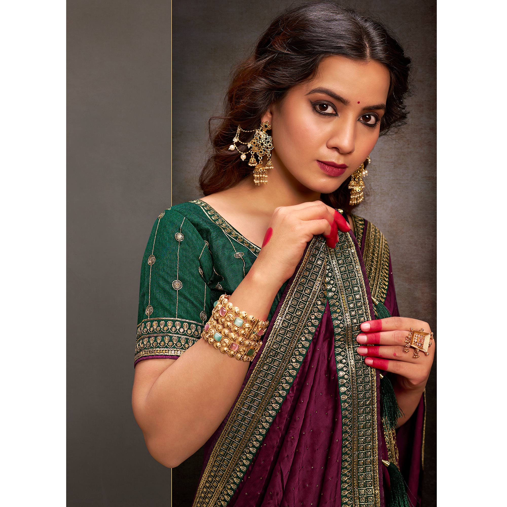 Wine Swarovski Work Satin Saree With Tassels