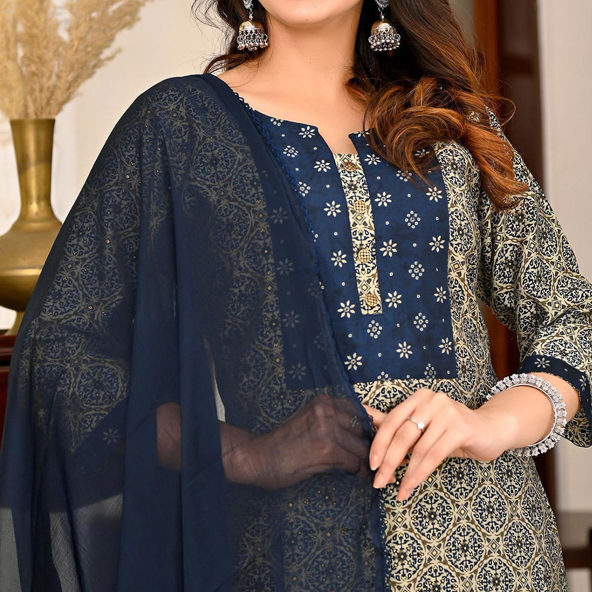 Blue Printed Chanderi Suit