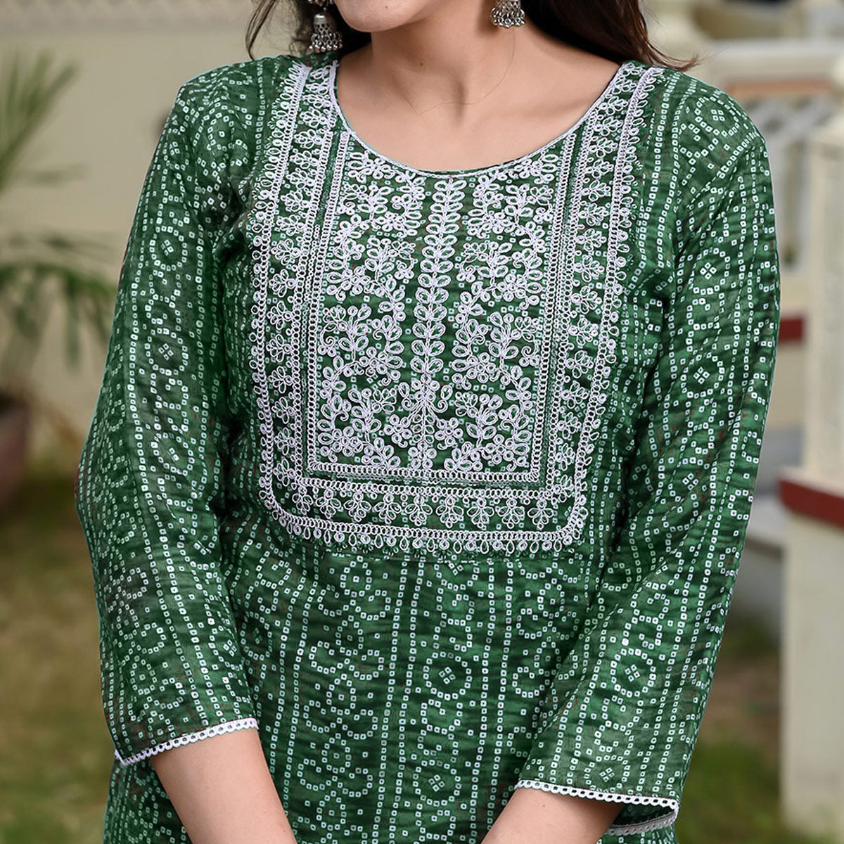 Green Foil Bandhani Printed With Embroidered Rayon Kurti