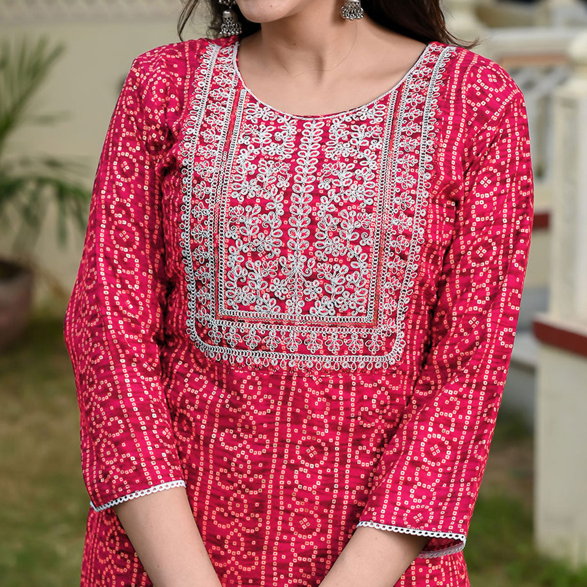 Red Foil Bandhani Printed With Embroidered Rayon Kurti