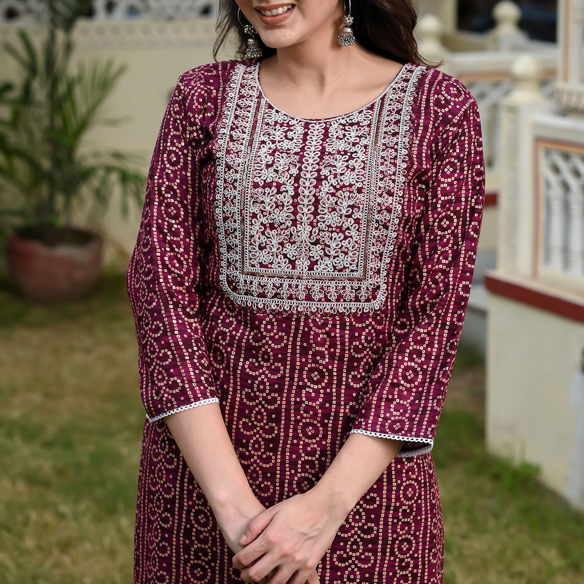 Wine Foil Bandhani Printed With Embroidered Rayon Kurti