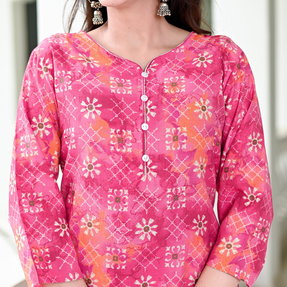 Pink Floral Printed Chanderi Suit