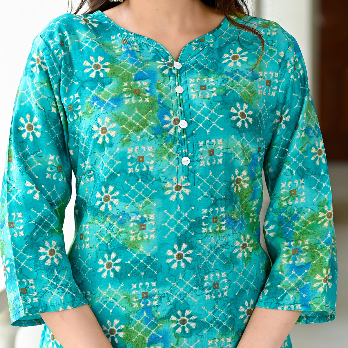 Turquoise Floral Printed Chanderi Suit