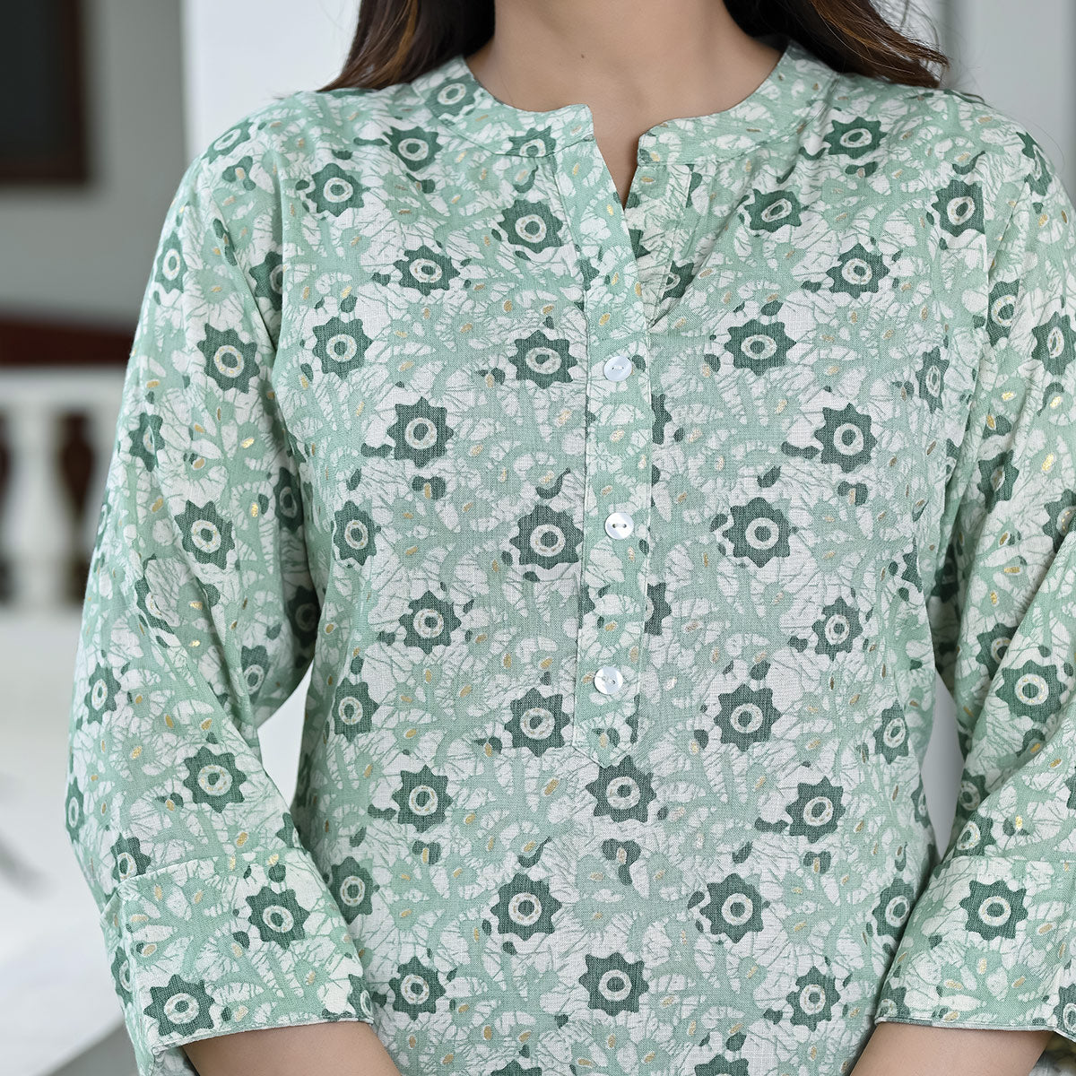 Green Floral Foil Printed Rayon Top