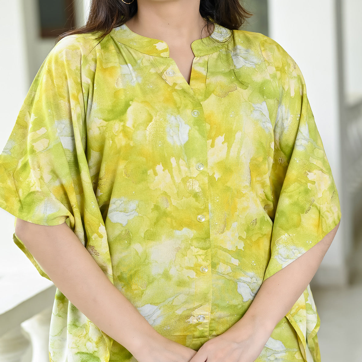 Green Foil Printed Rayon Kaftan