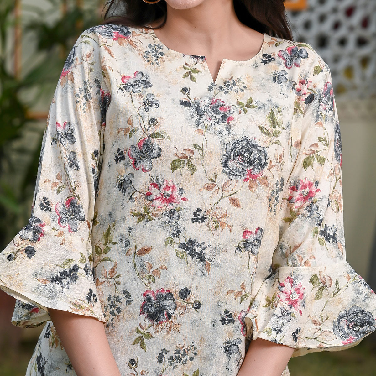 White & Grey Floral Printed Rayon Top