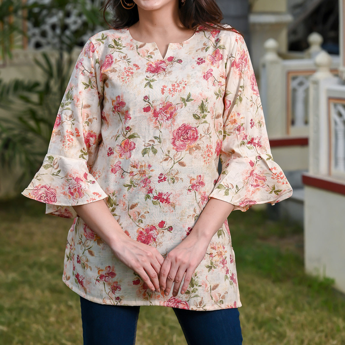 White & Peach Floral Printed Rayon Top