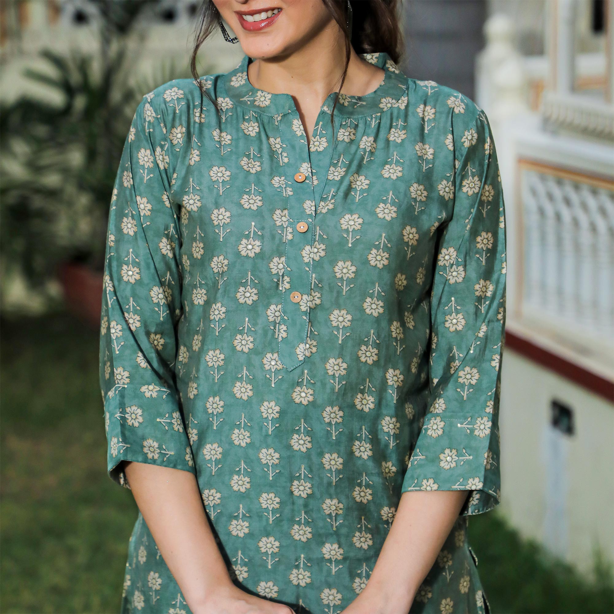 Green Floral Foil Printed Chanderi Top