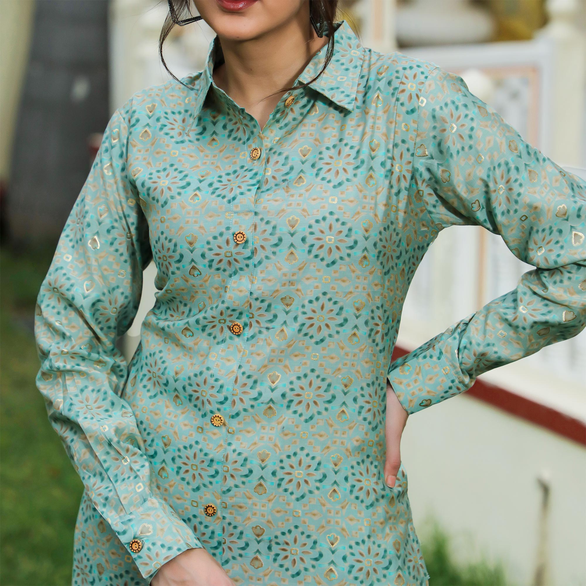 Green Foil Printed Chanderi Kurti Pant Set