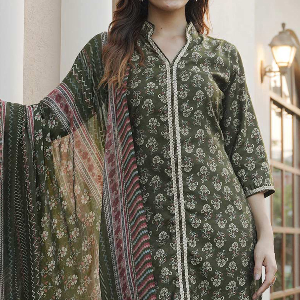 Green Floral Foil Printed Modal Suit