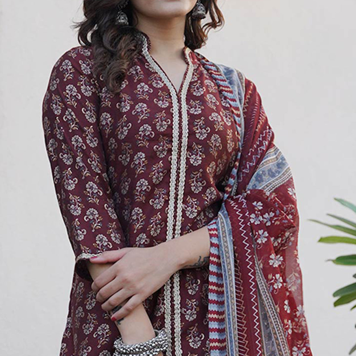 Maroon Floral Foil Printed Modal Suit