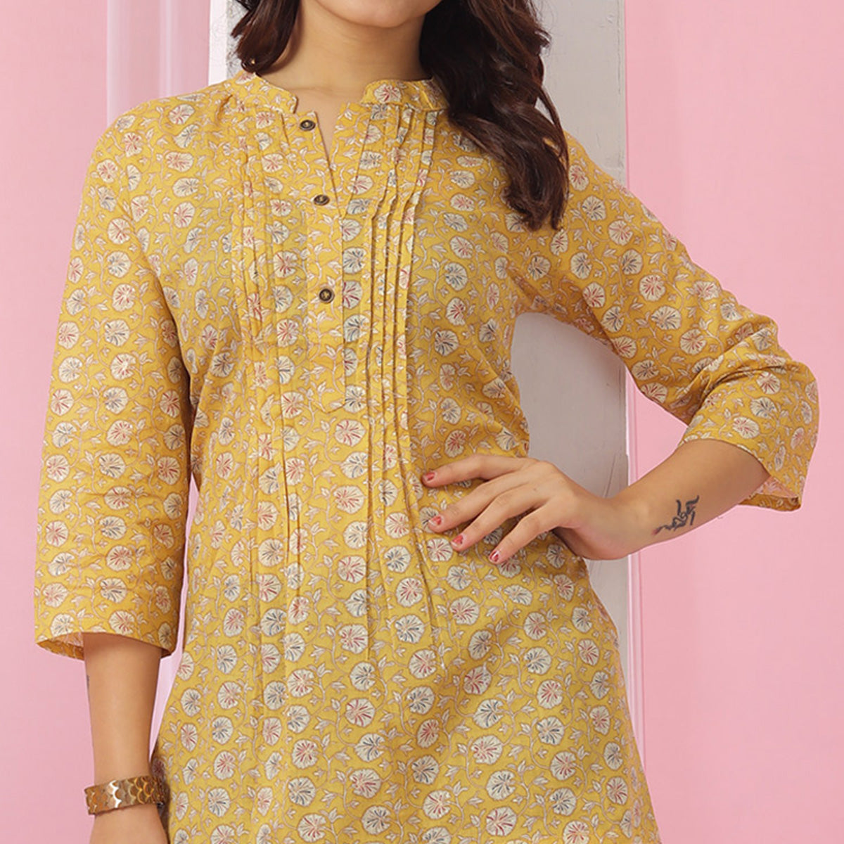 Yellow Foil Printed Pure Cotton Top