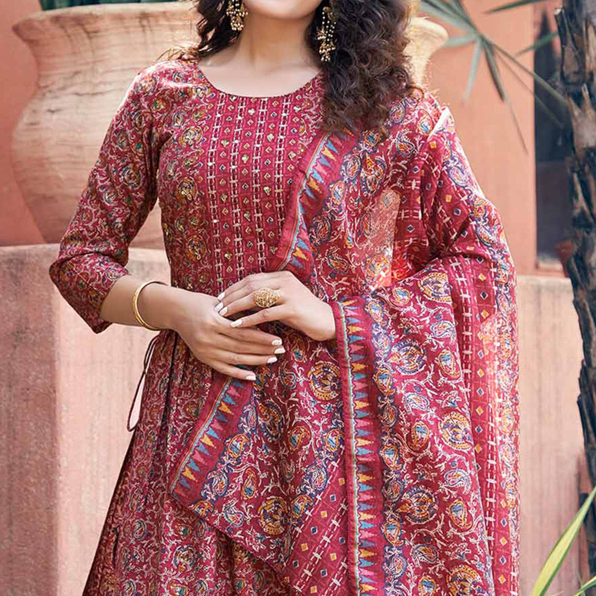 Maroon Floral Printed Chanderi Silk Naira Cut Suit