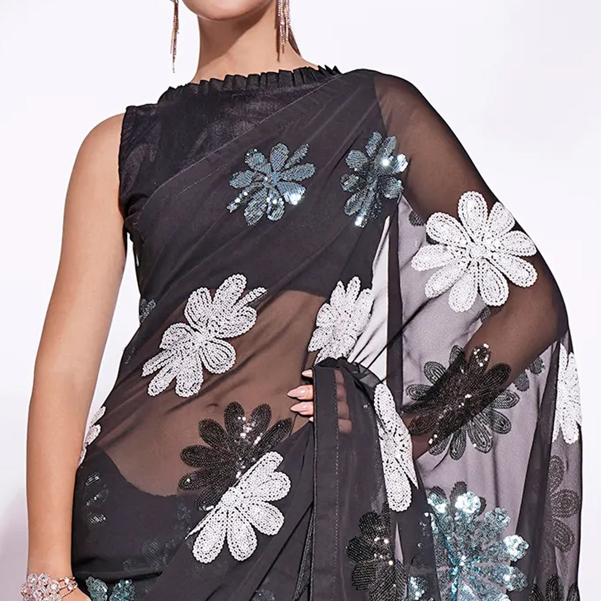 Black Sequins Embroidered Georgette Saree