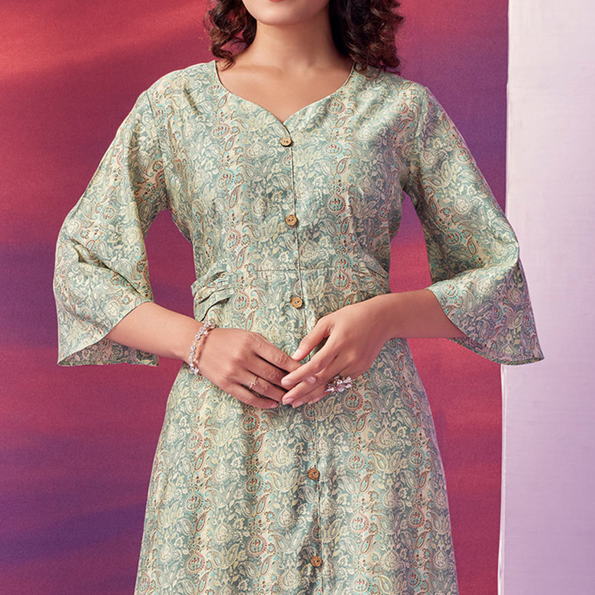 Green Floral Foil Printed Chanderi Silk Dress