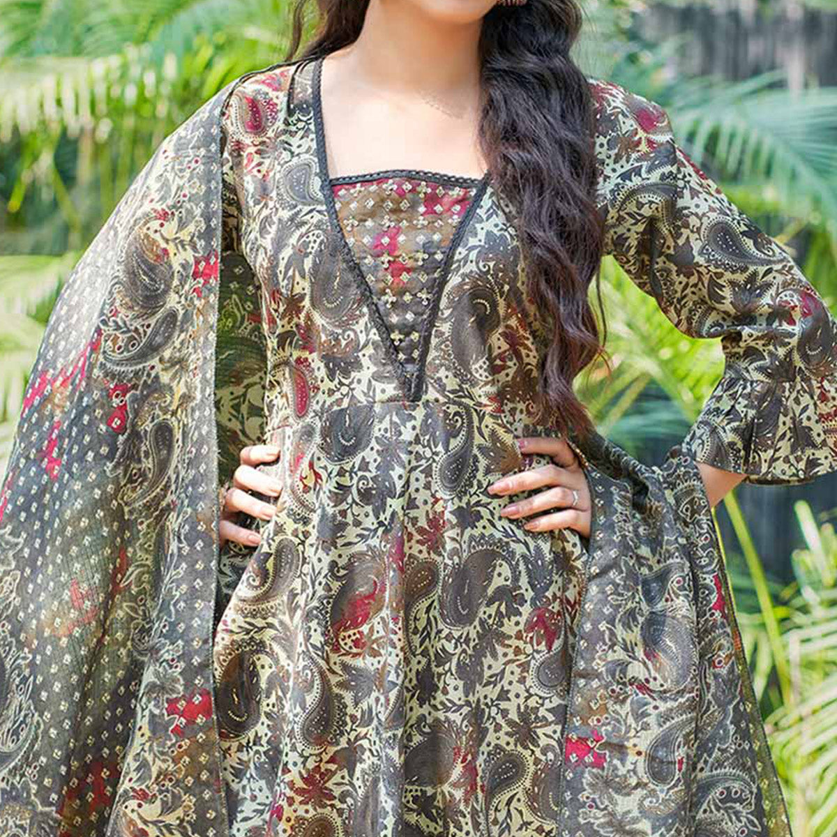 Grey Anarkali Chanderi Silk Suit With Hancrafted & Foil Print