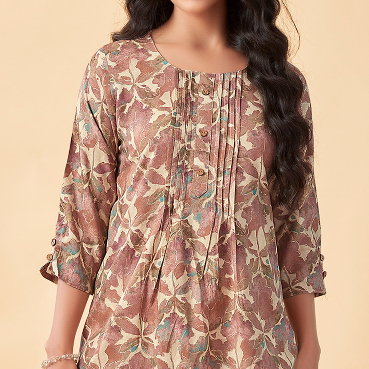 Brown Floral Foil Printed Rayon Top