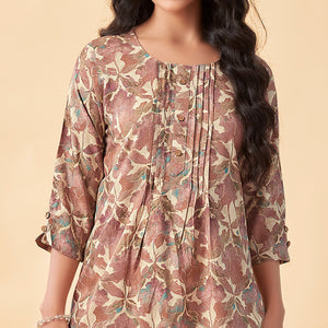 Brown Floral Foil Printed Rayon Top