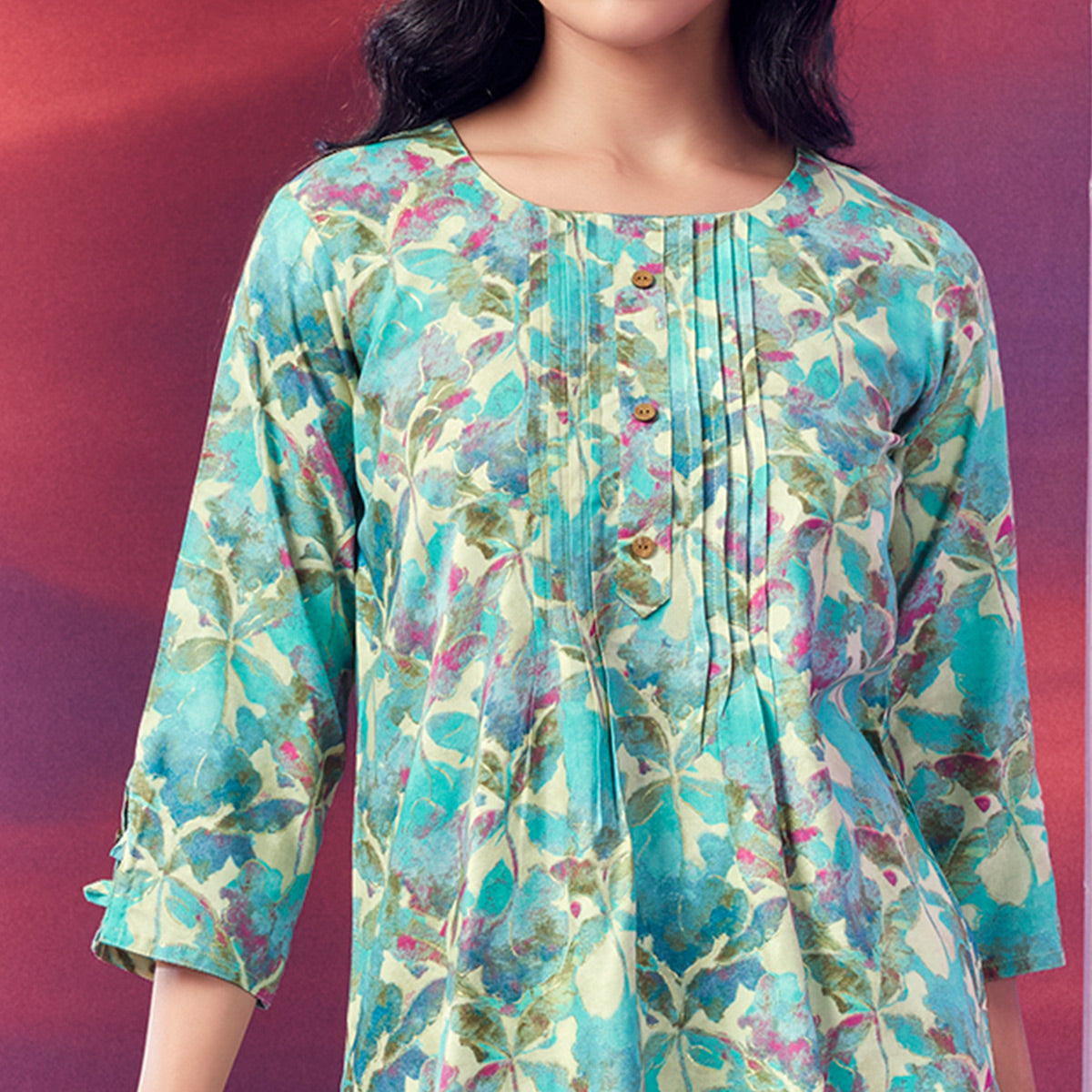 Turquoise Floral Foil Printed Rayon Top