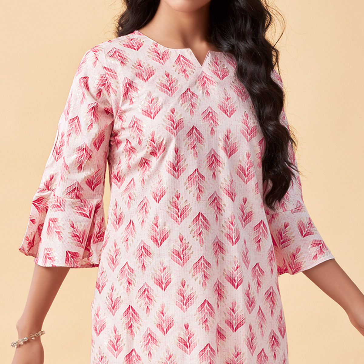 White & Pink Floral Foil Printed Rayon Top