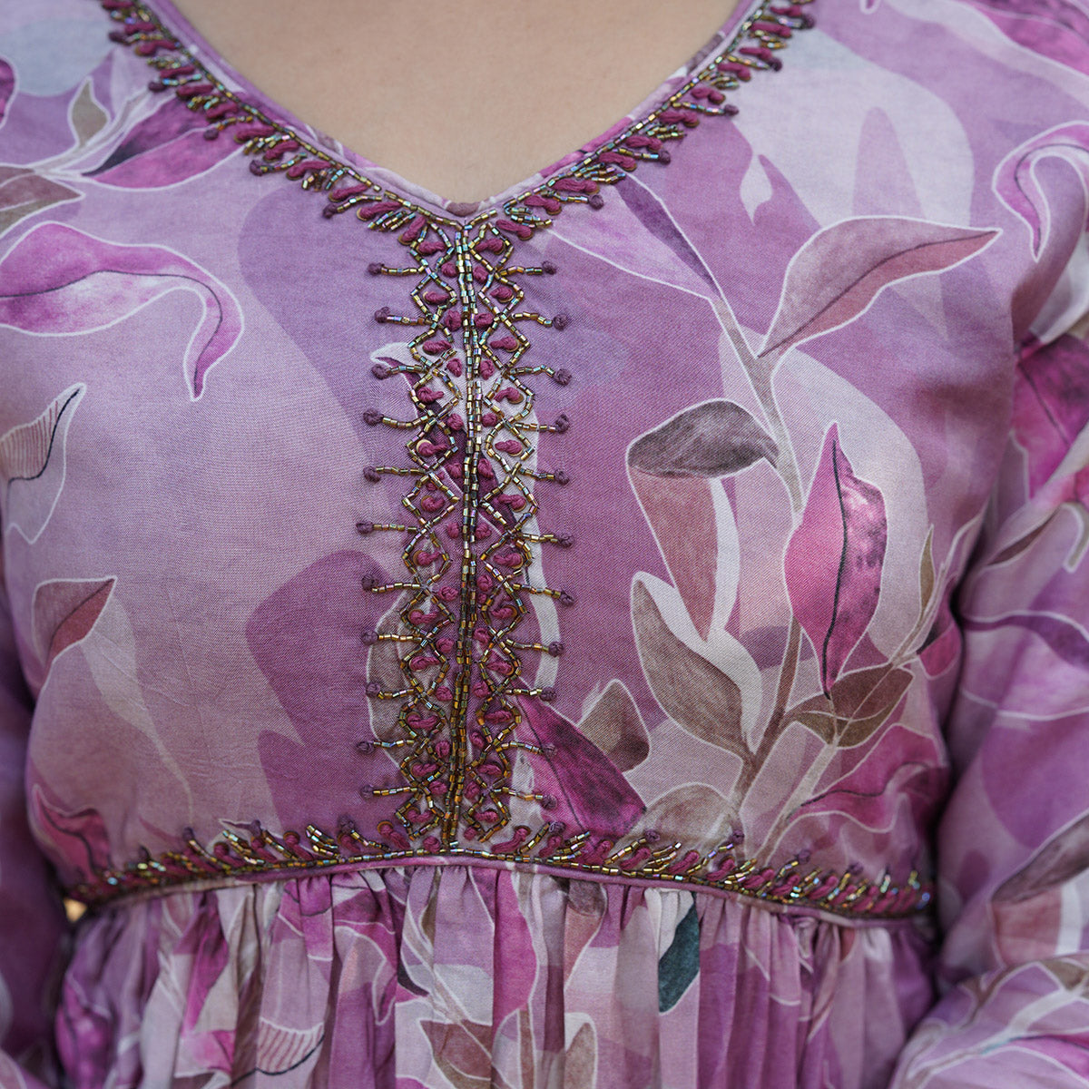 Lavender Muslin Digital Printed Alia Cut Suit With Beads Handcraft