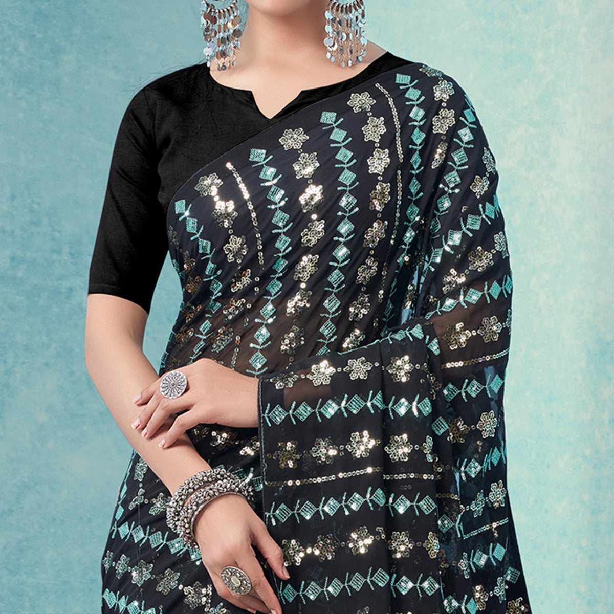 Black Sequins Embroidered Georgette Saree