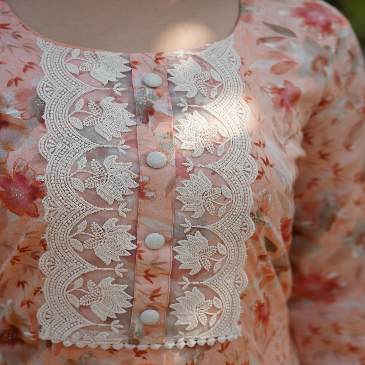 Peach Straight Pure Cotton Suit With Foil Print & Yoke Embroidery