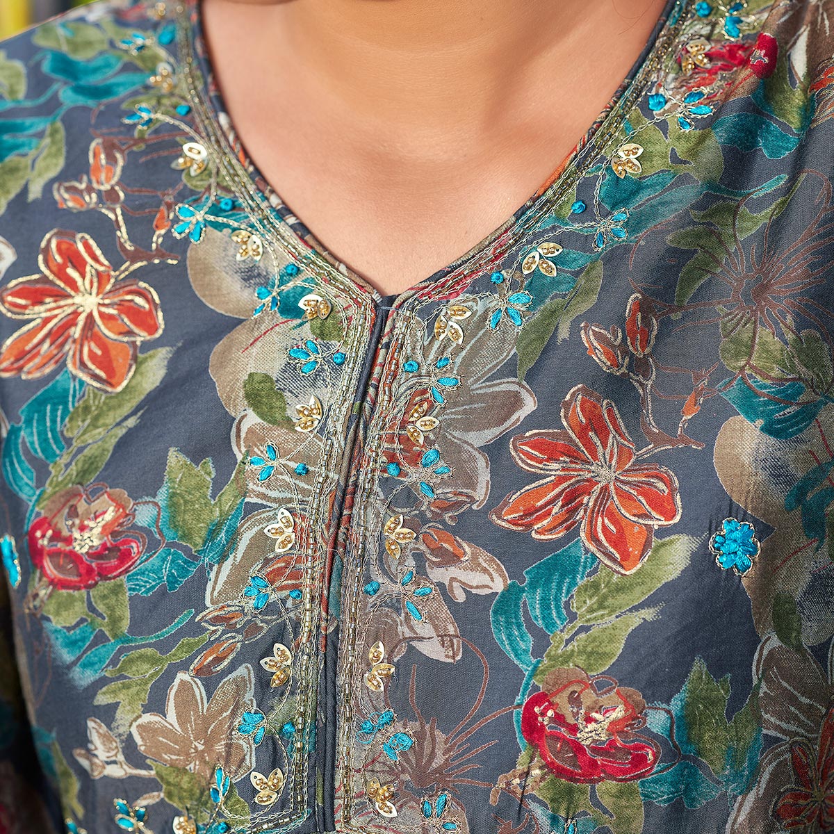 Blue Chanderi Silk Alia Cut Suit with Zardosi Handcraft & Foil Print