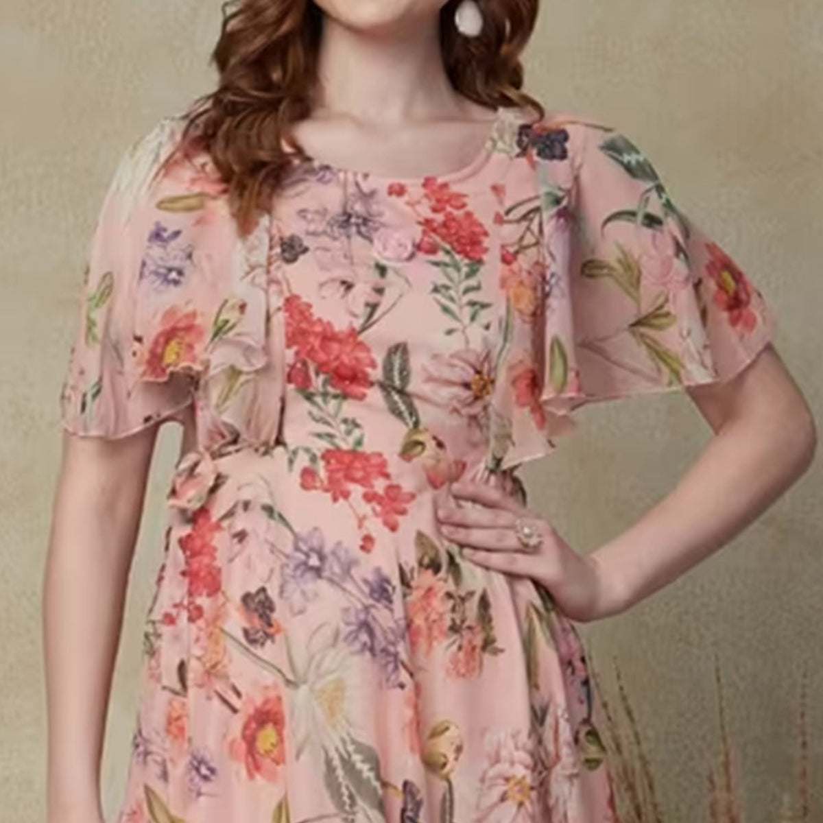 Peach Floral Printed A-Line Chiffon Dress