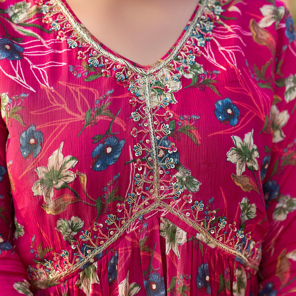 Pink Chinon Floral Printed Alia Cut Sharara Suit With Beads Handcraft
