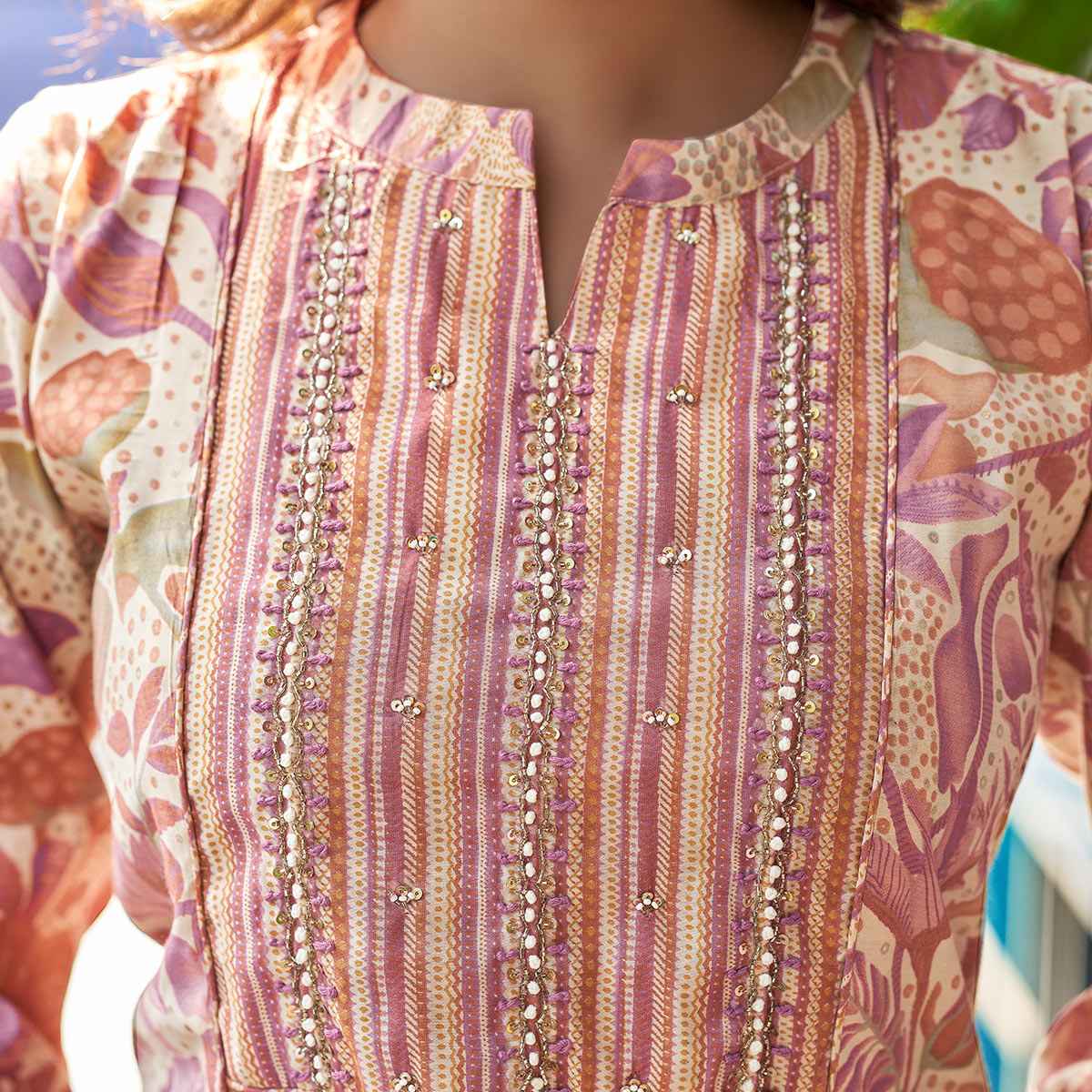Beige Chanderi Floral Printed Anarkali Salwar Suit With Beads Handcraft