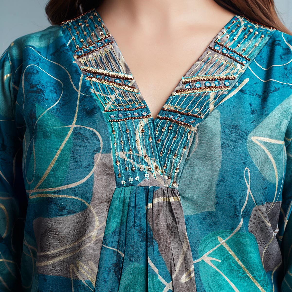 Teal Blue Foil Printed Chanderi Silk Co Ord Set With Handcrafted