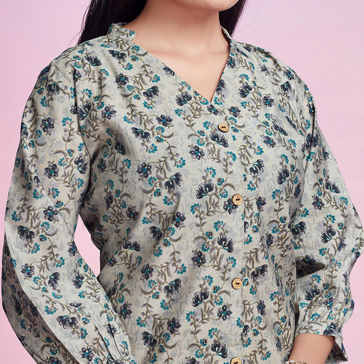 Off White & Blue Floral Foil Printed Chanderi Silk Top