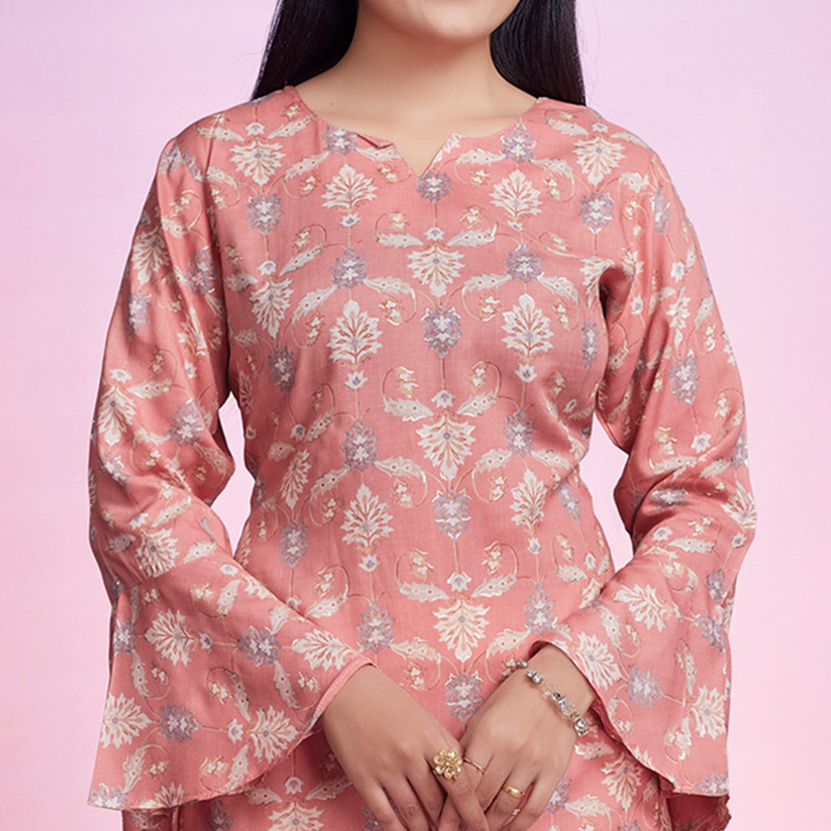 Peach Floral Foil Printed Chanderi Silk Top