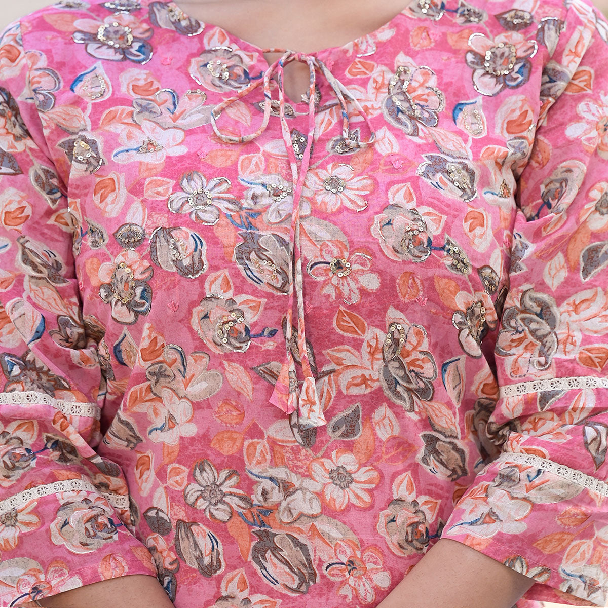 Pink Floral Mul Cotton Suit With Handcrafted & Foil Print