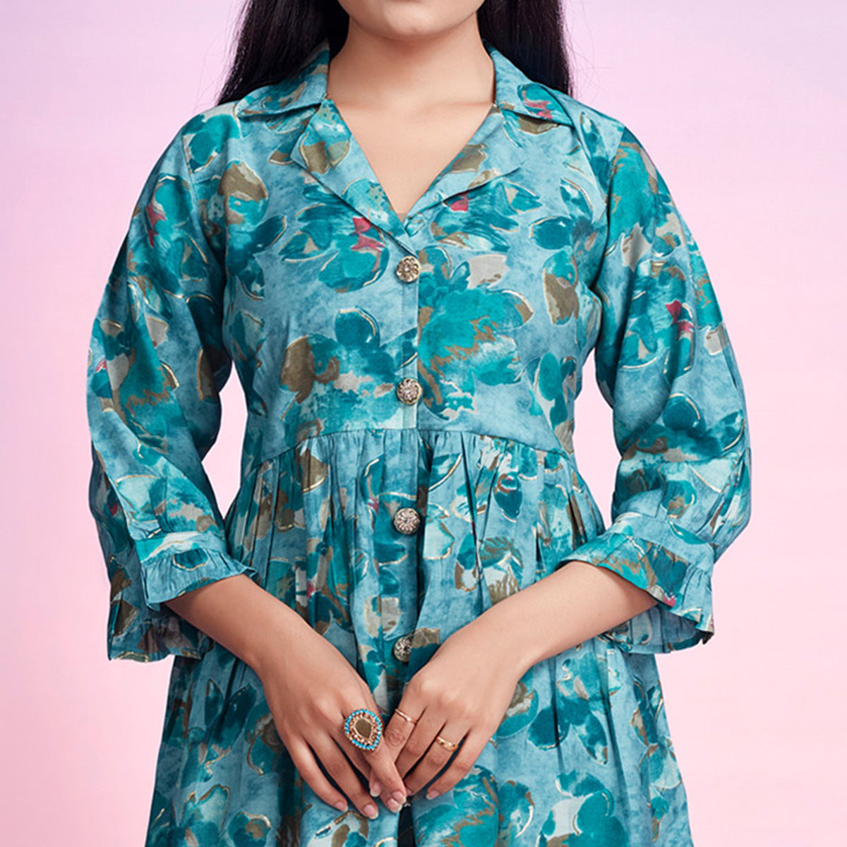 Turquoise Floral Foil Printed Chanderi Silk Co Ord Set