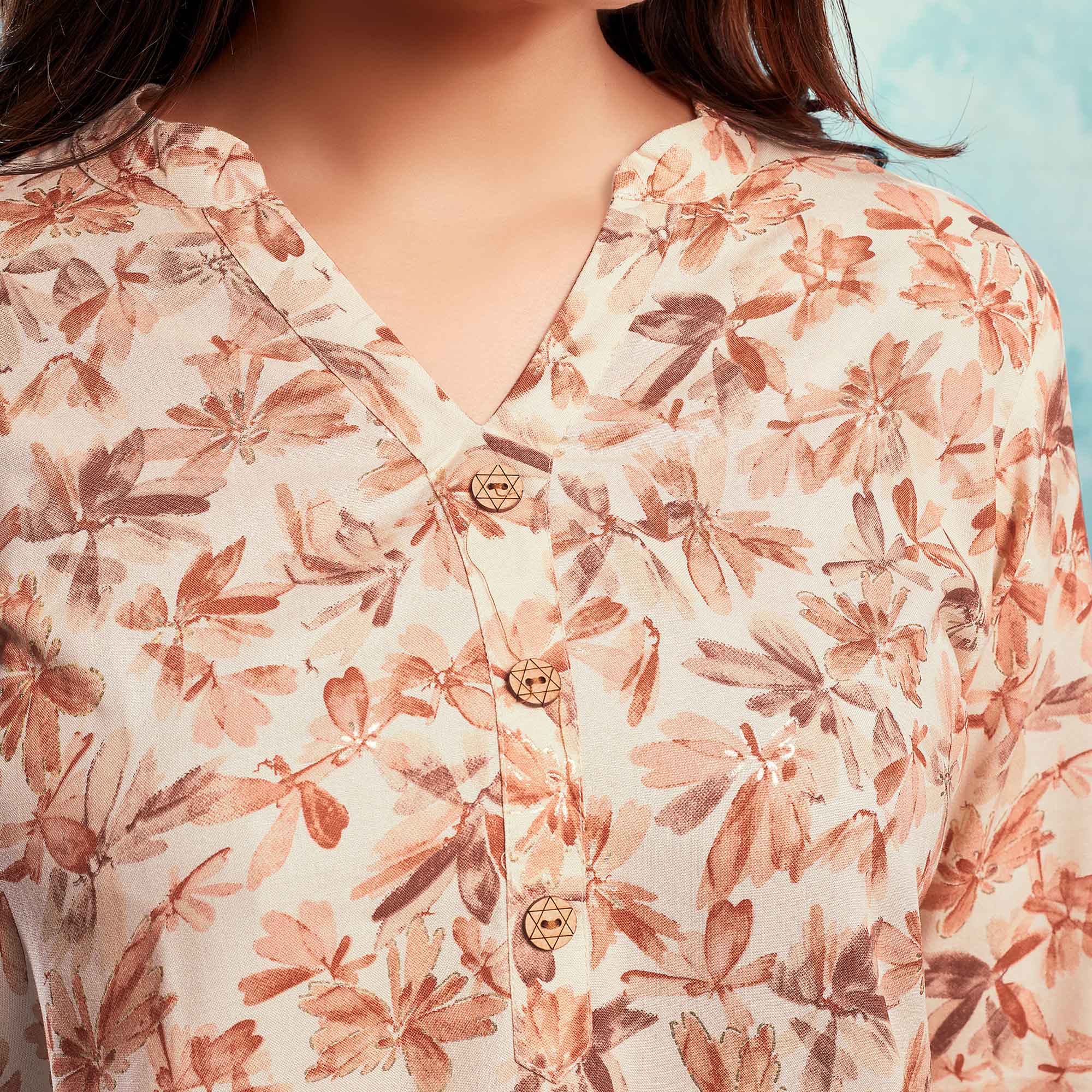 Cream & Peach Floral Foil Printed Rayon Straight Top