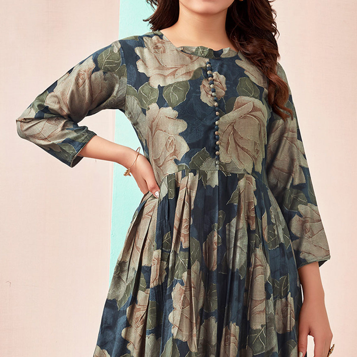 Navy Blue Floral Foil Printed Chanderi Silk Kurti