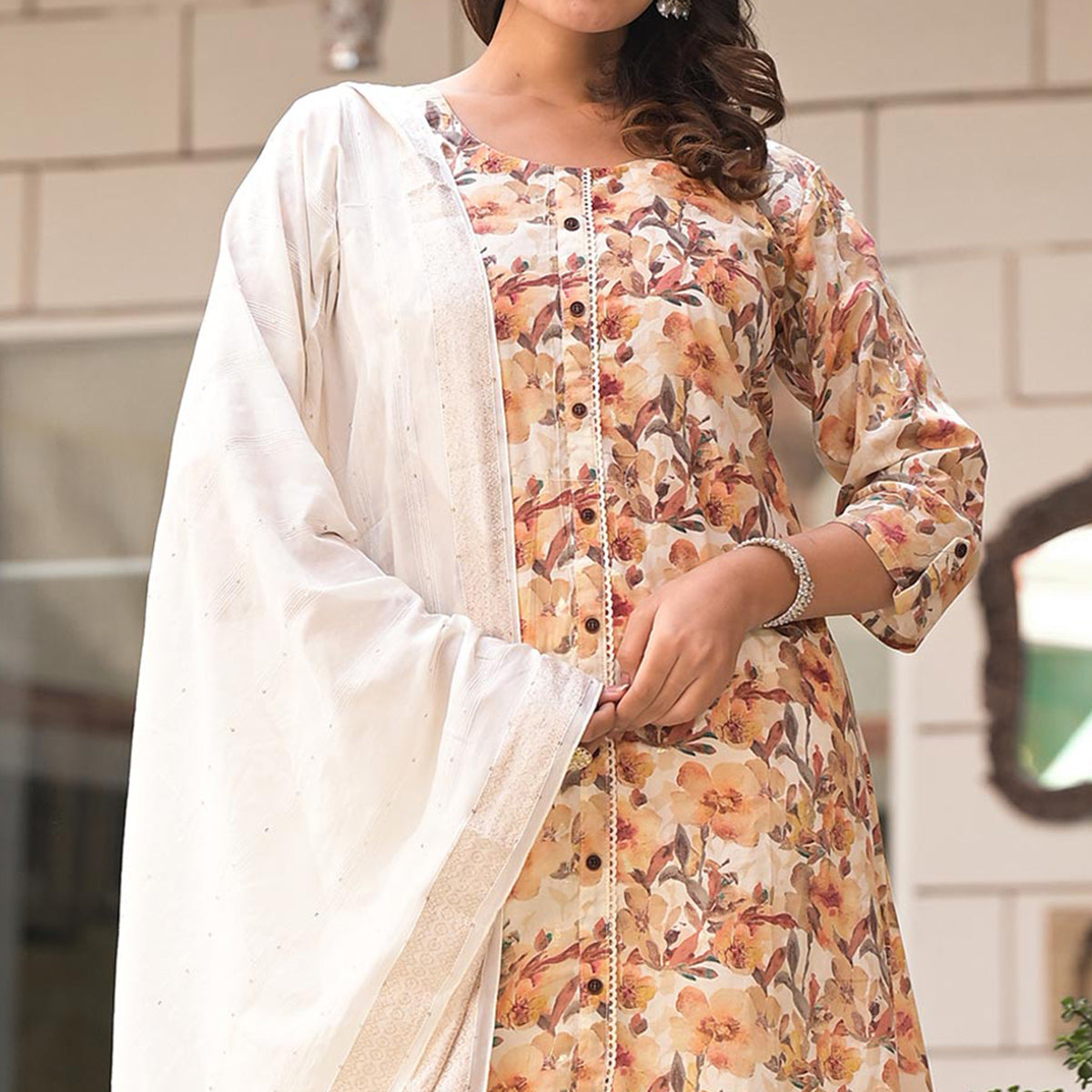 Off White Floral Printed Pure Cotton A-Line Plazzo Suit
