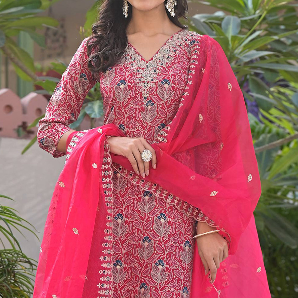 Pink Foil Printed Chanderi Straight Cut Salwar Suit