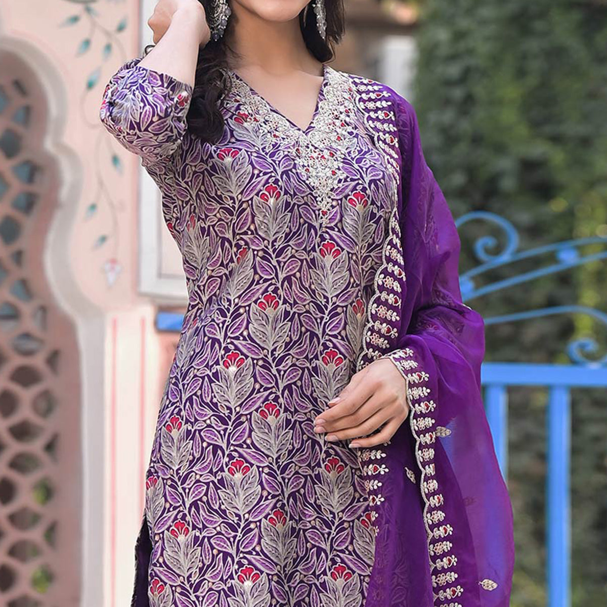 Purple Foil Printed Chanderi Straight Cut Salwar Suit