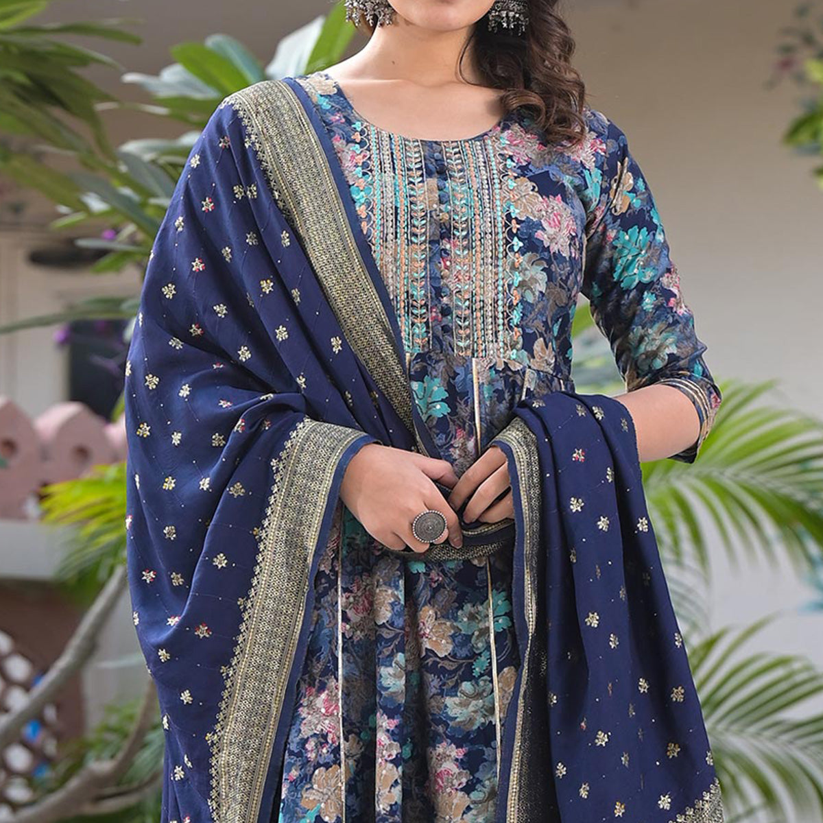 Navy Blue Floral Foil Printed Chanderi Silk Anarkali Salwar Suit