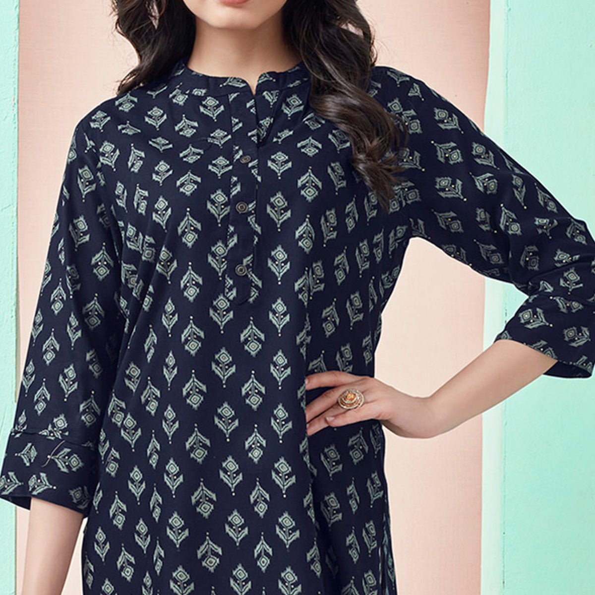 Navy Blue Floral Printed Rayon Straight Top