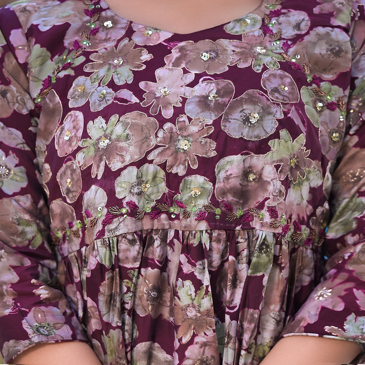 Wine Floral Printed Chanderi Silk Salwar Suit With Handcrafted