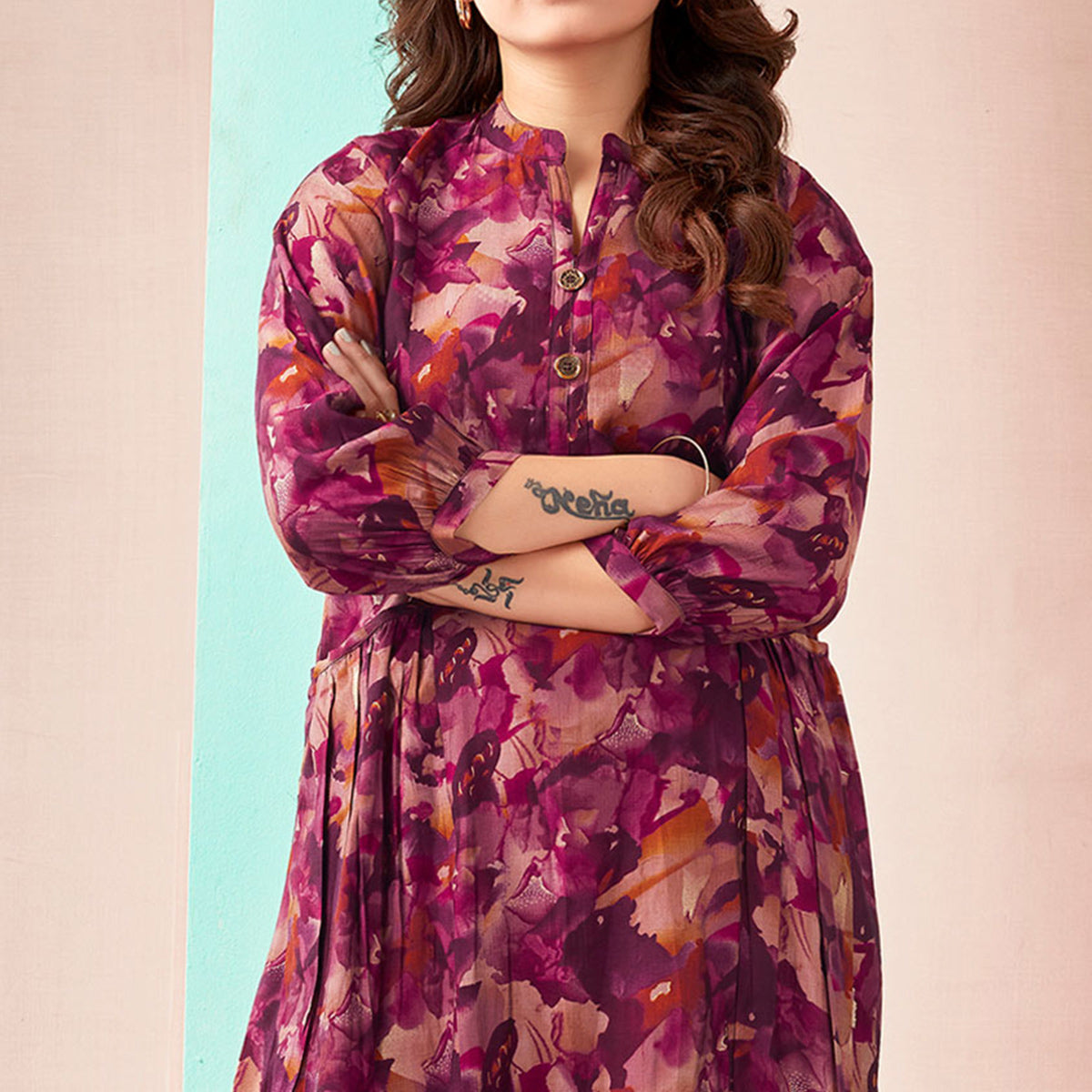 Maroon A-Line Printed Chanderi Silk Dress
