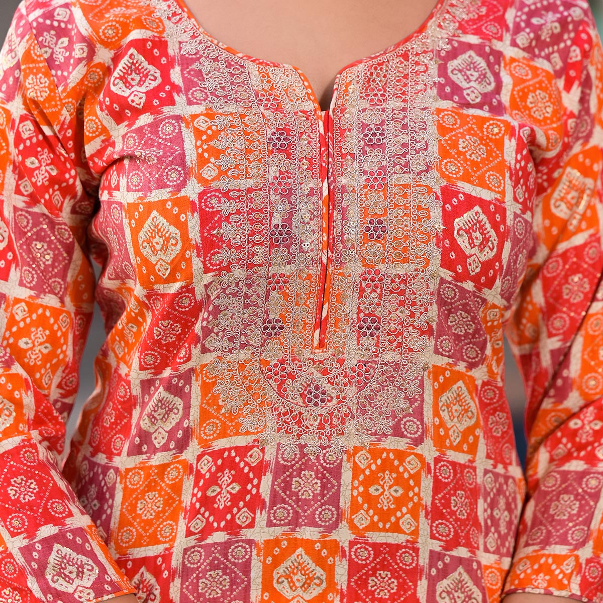 Red & Orange Bandhani Foil Printed Rayon Straight Kurti